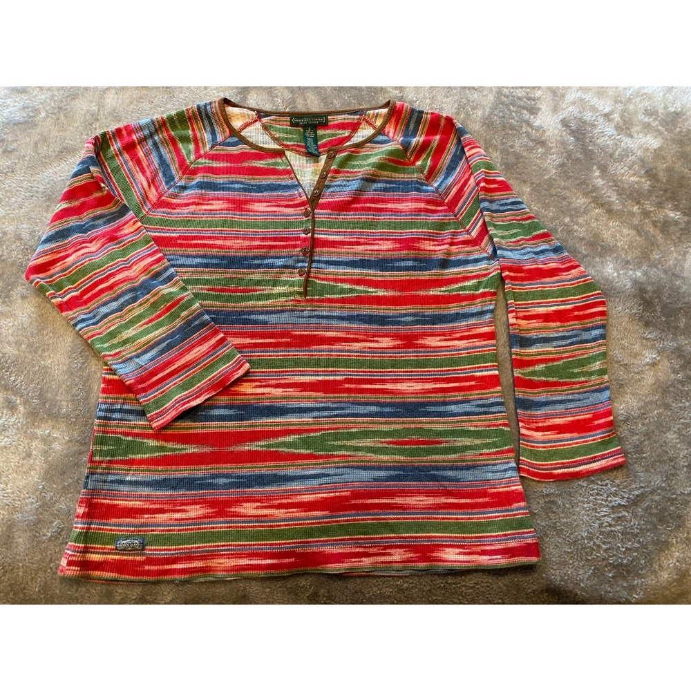 Ralph Lauren Jeans Women Henley Stripes 1/2 Button Large Heliotrope Colorful s64